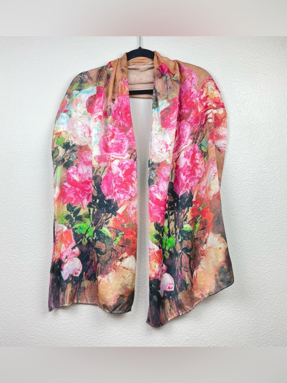 Women's 100% Silk Floral Watercolor Print Scarf Shall Pink Peony Roses Satin